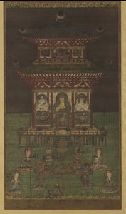 Horokaku Mandara: Budda i towarzyszące mu bóstwa, okres Heian (kolor i złoto na jedwabnym panelu) autorstwa Japanese School