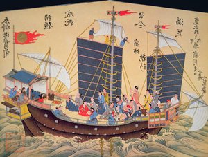 Japoński statek handlowy z XVIII wieku (drewnodruk) autorstwa School Japanese