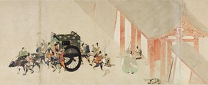 Illustrated Tale of the Civil War, The Imperial Visit to Rokuhara (Illustrated Tale of The Civil War, The Imperial Visit to Rokuhara) – praca anonimowa, akwarela i tusz na papierze, druga rolka autorstwa School Japanese