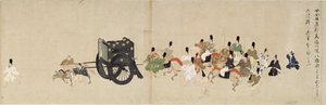 Illustrated Tale of the Civil War, The Imperial Visit to Rokuhara (Illustrated Tale of The Civil War, The Imperial Visit to Rokuhara) – praca anonimowa, akwarela i tusz na papierze, piąta rolka autorstwa School Japanese