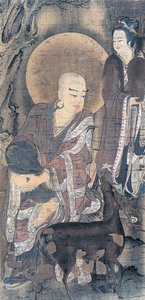 Obraz religijny przedstawiający młodego mnicha z łanią, obraz na jedwabiu, cywilizacja japońska, okres Heian, 794-1185 autorstwa School Japanese