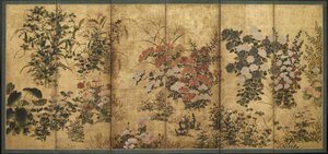 Kwiaty letnie i jesienne, okres Edo (kolor na złotym na papierze) autorstwa Japanese School