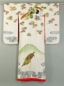 Szata ślubna Uchikake ozdobiona żurawiem i żółwiem (tkanina) autorstwa School Japanese