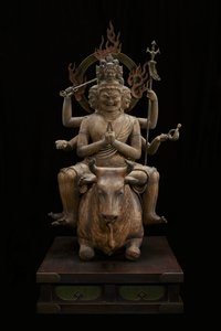 Mądrość Króla Mocy Budzącej Podziw (Daiitoku Myōō) (polichromowane drewno z kryształem, złotym liściem i metalem) autorstwa Japanese School