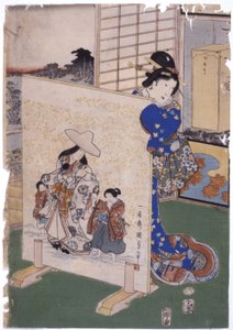 Kobieta stoi za Tsuitate W / Painting S. „Kunisada” (drzeworyt kolorowy) autorstwa School Japanese