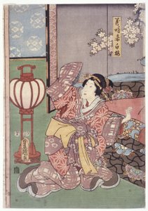 Żona Yoshitokiego, Shiraume (drzeworyt kolorowy) autorstwa School Japanese