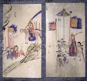 Panel z ośmiokrotnie złożonego ekranu przedstawiający historię trzech królestw (naturalne pigmenty na papierze) autorstwa School Korean