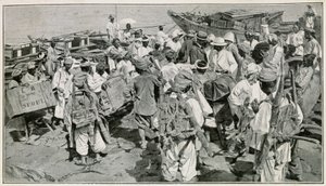 Koreańscy tragarze w porcie Chemulpo (Korea Południowa), rozładunek złomu - ilustracja po XIX-wiecznej fotografii autorstwa J. de Pange, z Travel in Korea autorstwa doktora Hagena autorstwa School Korean