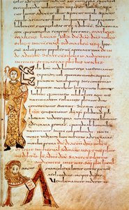 św. Mateusz; litera M (głowa lwa św. Marka). Strona w „” Sakramentarz Gellone”, folio 42. Enluminated David, v. 790, Francja, Meaux lub Cambrai. BN, Paryż