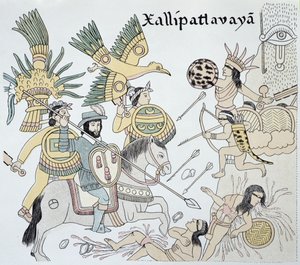 Walka między Hiszpanami a Aztekami w bitwie pod Xallipatlavaya, ilustracja z faksymile meksykańskiej indiańskiej historii obrazkowej "Lienzo de Tlaxcala" z ok. 1550 r.