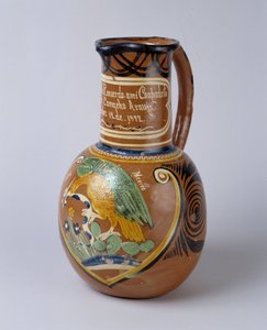 Sztuka ludowa: pulque słój (sfermentowany alkohol z agawy) z malowanej i lakierowanej terakoty, z Meksyku. 1972 Muzeum Doliny, Barcelonnette (Alpy Górnej Prowansji)