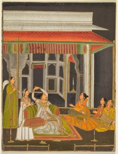 Księżniczka na tarasie z towarzyszami w nocy (recto); kaligrafia (verso), ok. 1760 (nieprzezroczysta akwarela ze złotem na papierze) autorstwa School Mughal