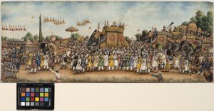 Akbar Shah II jedzie na słoniu w ogromnej procesji, ok. 1835 (nieprzezroczysta akwarela i złoto na kości słoniowej)