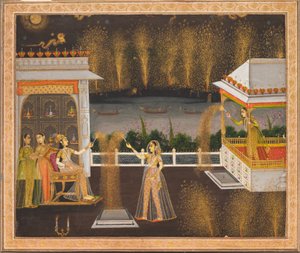 Panie świętujące Diwali, ok. 1760 (nieprzezroczysta akwarela i złoto na papierze) autorstwa School Mughal