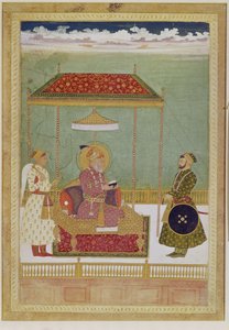 Portret szacha Aurangzeba z mężczyzną, prawdopodobnie Ashraf Khan, początek XVIII wieku (nieprzezroczysta akwarela, tusz i złoto na papierze) autorstwa School Mughal