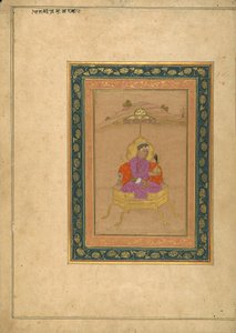 Trzeci cesarz Mogołów Akbar zasiadający na tronie królewskim trzymający koronę autorstwa School Mughal