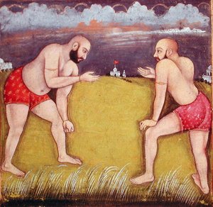 Dwóch zapaśników, początek XIX w. (gwasz na papierze) autorstwa School Mughal