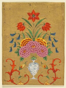 Wazon z kompozycją kwiatową i zwojami, ok. 1750-1800 (nieprzezroczysta akwarela ze złotem na papierze) autorstwa School Mughal
