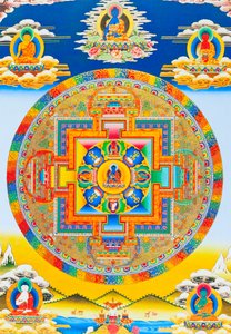 Akshobhya Mandala, przedstawiający niewzruszonego Buddę jako Bhumi Sparsa Mudra z ziemią świadczącą o jego oświeceniu (gwasz na płótnie)