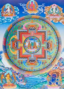 Zielona Tara Mandala przedstawiająca matczyną opiekunkę od wszelkich niebezpieczeństw w oceanie istnienia (gwasz na płótnie)