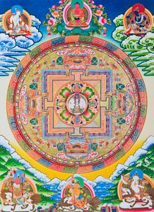 Mandala z tysiącem ramion Awalokiteśwara; święty, magiczny krąg przedstawiający jedenastogłowego bodhisattwę symbolizującego nieskończone współczucie (gwasz na płótnie)
