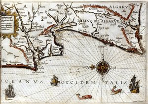 Cape Sagres (lub Sacred Cape) na końcu Portugalii po portugalii Luca J. Waghenaera Treesor of Zeevaert wydrukowany w Leiden w 1592 roku autorstwa School Netherlandish