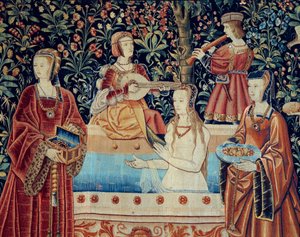 Kurtyna życia panowania: kąpiel. Szczegół. Gobelin z wełny i jedwabiu wykonany około 1520 roku w Holandii. Słońce 2,8x2,6 m Paryż, Narodowe Muzeum Średniowiecza, Thermes de Cluny