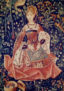 Powieszenie życia signeuralnego: Haft. Szczegół. Gobelin z wełny i jedwabiu wykonany około 1520 roku w Holandii. Paryż, Narodowe Muzeum Średniowiecza, Thermes de Cluny