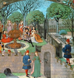 Harl 4425 f.12v Scena ogrodowa, kochanka i dama Oyseuse (bezczynność) poza murami ogrodu, z „Roman de la Rose”, Brugia, ok. 1490-1500 (welum)