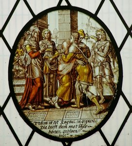 Roundel: Tobiasz przybywa do Ecbatana (witraż) autorstwa School Netherlandish