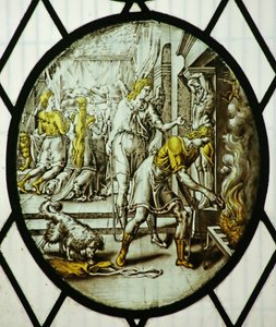 Roundel: Tobiasz pali wątrobę ryby (witraż) autorstwa School Netherlandish