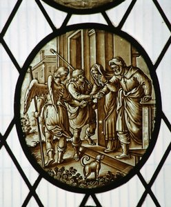 Roundel: Tobiasz odchodzi z aniołem, prawdopodobnie z XIX wieku (witraże) autorstwa School Netherlandish