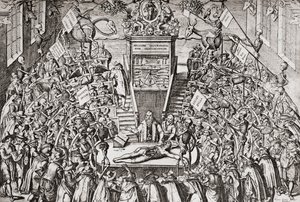 Studenci uczęszczający na zajęcia z anatomii na Uniwersytecie w Lejdzie, z "Geschiedenis van Nederland", wyd. 1936 (druk) autorstwa School Netherlandish