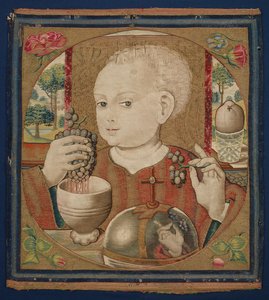 Dzieciątko Chrystus tłoczące wino Eucharystii, ok. 1500 (przędza lniana osnowa, wełna, jedwab i pozłacany wątek) autorstwa School Netherlandish