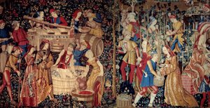 Żniwa. Gobelin niderlandzki, początek XVI wieku. Wymiary: 2,46 x 4,95m. Paryż, Muzeum De Cluny