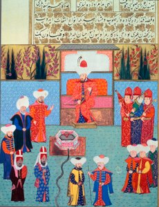 Sułtan Orhan (Orkhan lub Urchan) I (1281-1360) ma swój Dwór Miniaturowy z „Hunername” Lokmana, tom. 1 (H 1523, f.7) 1584 Biblioteka Muzeum Topkapi Sarayi Stambuł
