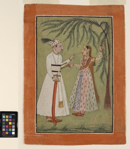 Władca ciągnący kosmyk włosów kobiety trzymającej się drzewa, ok. 1705 (nieprzezroczysta akwarela i złoto na papierze)