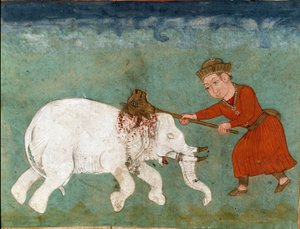 Sztuka islamu: mityczni bohaterowie Rostam (lub Rustam) i syn Zal zabijają białego słonia. Perska miniatura z rękopisu epickiego poematu „Shahnameh” (Shah Nama, Shahnama) (Księga Królów) Ferdowsiego (Firdawsi lub Ferdawsi lub Firdousi, ok. 940-ok.