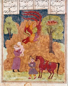 Sztuka islamu: Bajeczny ptak Simurgh (podobny do feniksa lub feniksa) niesie Zal, syna króla Siyama, porzuca się w górach, ponieważ nie jest albinosem. Perska miniatura z rękopisu poematu „Shahnameh”” (Shah Nama, Shahnama) (Księga Królów)