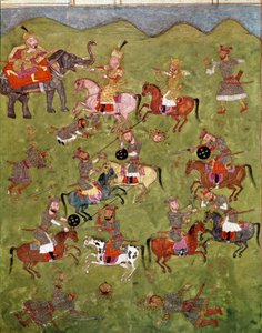 Sztuka islamu: scena bitwy. Perska miniatura z rękopisu epickiego poematu „Shahnameh” (Shah Nama, Shahnama) (Księga Królów) Ferdowsiego (Firdawsi lub Ferdawsi lub Firdousi, ok. 940–ok. 1020) Biblioteca Nazionale Naples autorstwa School Persian