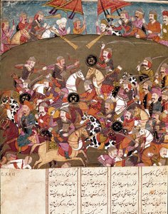 Sztuka islamu: scena bitwy. Perska miniatura z rękopisu epickiego poematu „Shahnameh” (Shah Nama, Shahnama) (Księga Królów) Ferdowsiego (Firdawsi lub Ferdawsi lub Firdousi, ok. 940–ok. 1020) Biblioteca Nazionale Naples