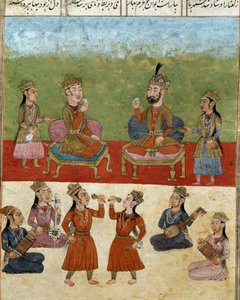 Sztuka islamu: koncert i rozrywka w haremie. Perska miniatura z rękopisu epickiego poematu „Shahnameh” (Shah Nama, Shahnama) (Księga Królów) Ferdowsiego (Firdawsi lub Ferdawsi lub Firdousi, ok. 940–ok. 1020) Biblioteca Nazionale Naples autorstwa School Persian