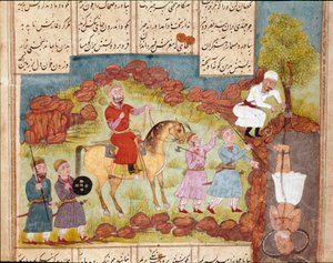 Sztuka islamu: scena torturowania wroga, pogrzebanego żywcem u podnóża drzewa. Perska miniatura z rękopisu eposu „Szahname” (Shah Nama, Shahnama) (Księga Królów) Ferdowsiego (Firdawsi lub Ferdawsi lub Firdousi, ok. 940–ok. 1020) Bi