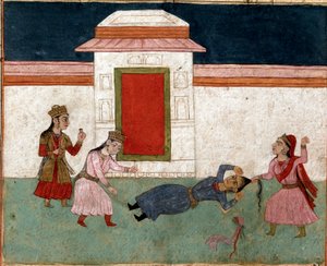 Sztuka islamu: dwie konkubiny walczą w haremie, faworytka chwyta za włosy rywalki. Perska miniatura z rękopisu epickiego poematu „Shahnameh” (Shah Nama, Shahnama) (Księga Królów) Ferdowsiego (Firdawsi lub Ferdawsi lub Firdousi, ok. 940–ok. 10). autorstwa School Persian