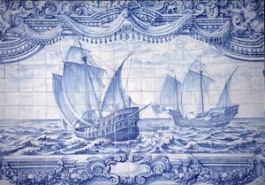 Karawele w XV-XVII wieku, azulejos, okolice Lizbony, Portugalia.