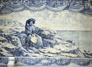 Henryk Żeglarz siedzący, patrzący na morze - Azulejo z okolic Lizbony (Sintra).