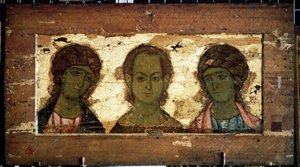 Chrystus Emanuel w otoczeniu Archaniołów Michała i Gabriela (Chrystus Emanuel z Archaniołami Michałem i Gabrielem). Ikona rosyjska, tempera na drewnie, koniec XII wieku. Sztuka Włodzimierza (Rosja). Państwowa Galeria Tretiakowska, Moskwa (Rosja). autorstwa School Russian
