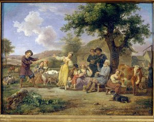 Święta chłopskie. Malarstwo anonimowe, olej na płótnie, II poł. XVIII w. XVIII-wieczna sztuka rosyjska. Państwowa Galeria Tretiakowska, Moskwa. autorstwa School Russian