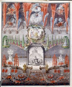 Fajerwerki i iluminacje 17 września 1747 w Gostilitsy (Rosja). Praca anonimowa, miedzioryt barwiony akwarelą, połowa XVIII wieku. Sztuka rosyjska autorstwa School Russian