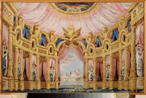 Sala z kolumnadą. Dekoracja przygotowawcza do zabawy. Praca rosyjskiego mistrza, tempera na płótnie autorstwa School Russian